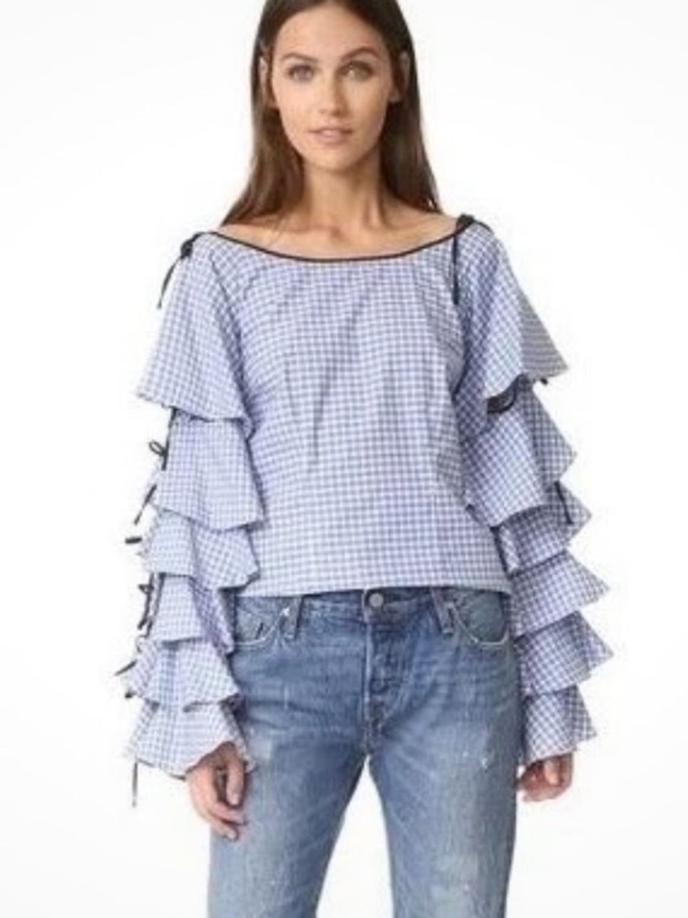 TRY ME Blue Gingham TIE Ruffle Sleeve Women's Top EU 44 US 12
